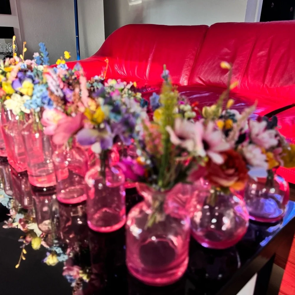 Lot Of 24 Custom Wedding Pink Glass Bud Vases Bundle One-Of-A-Kind With Flowers
